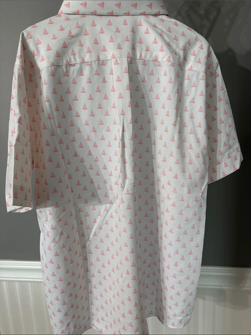 Southern Tide White Short-Sleeve Button-Down Shirt with Pink Sail Print
